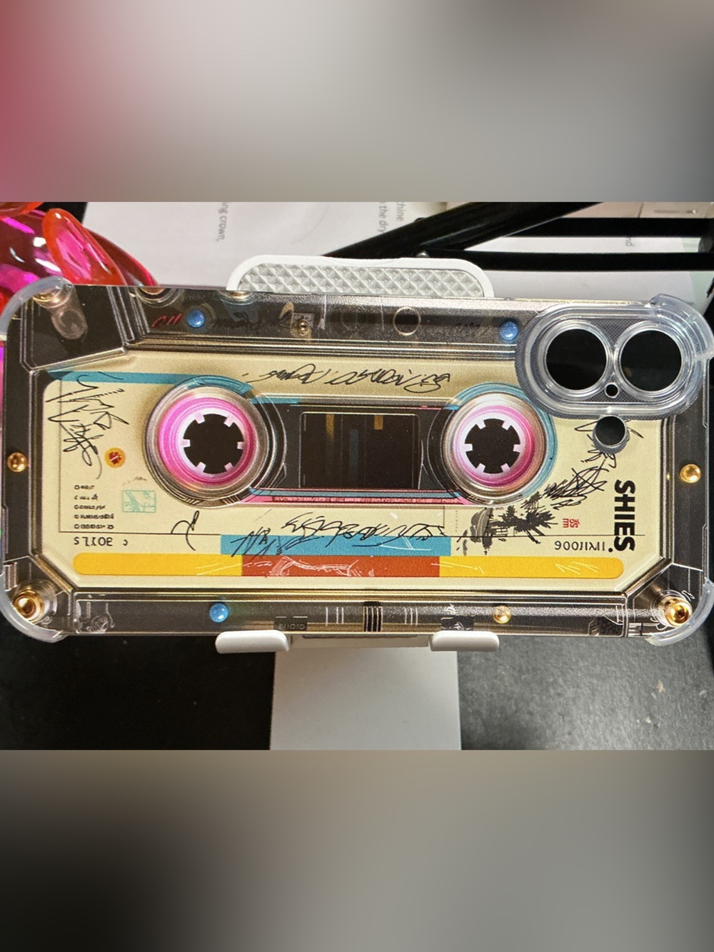 iPhone 16 Plus  Cassette-Style Phone Case - Clear with Yellow & Pink Accents